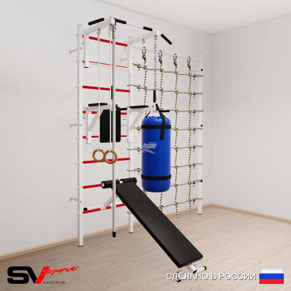 Шведская стенка Sv Sport усиленная 68410 (Турник стандарт/Брусья/Скамья/Канат/Кольца/Цепь/Мешок 15кг/Канатный лаз)