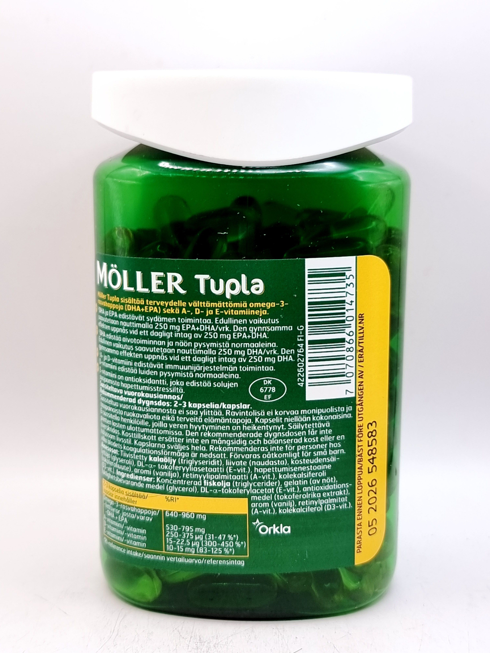 Moller Tupla Omega-3, Омега-3 с витаминами А, D3 и E, 160 капсул 144 г (Из Финляндии)