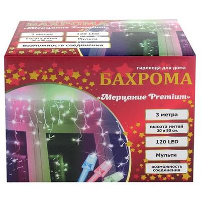 Гирлянда бахрома "Мерцание Premium" ш3м* в0,3/0,5м,120 ламп LED, прозрачн.провод, 1реж,, IP-40, Муль