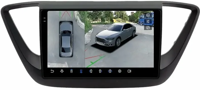 Магнитола для Hyundai Solaris 2 2017-2022, Solaris HS 2024+ (рамка черная матовая) - FarCar BX766M-360 монитор 9.5" 2K QLED на Android 13, Быстрая, CarPlay, 4G SIM-слот, 4 камеры в комплекте
