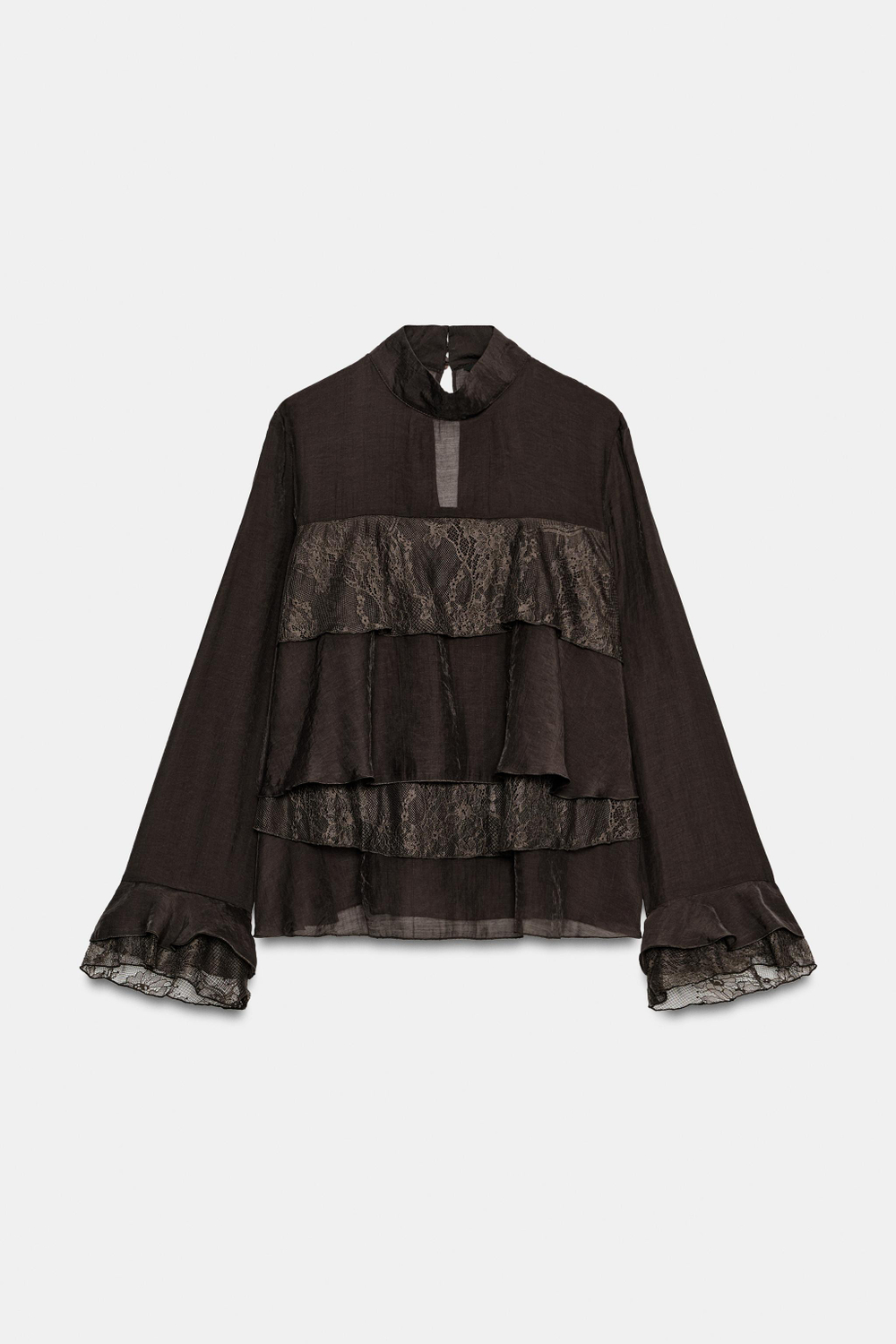 ZARA РУБАШКА С ВОЛАНАМИ И КРУЖЕВОМ, КОРИЧНЕВЫЙ