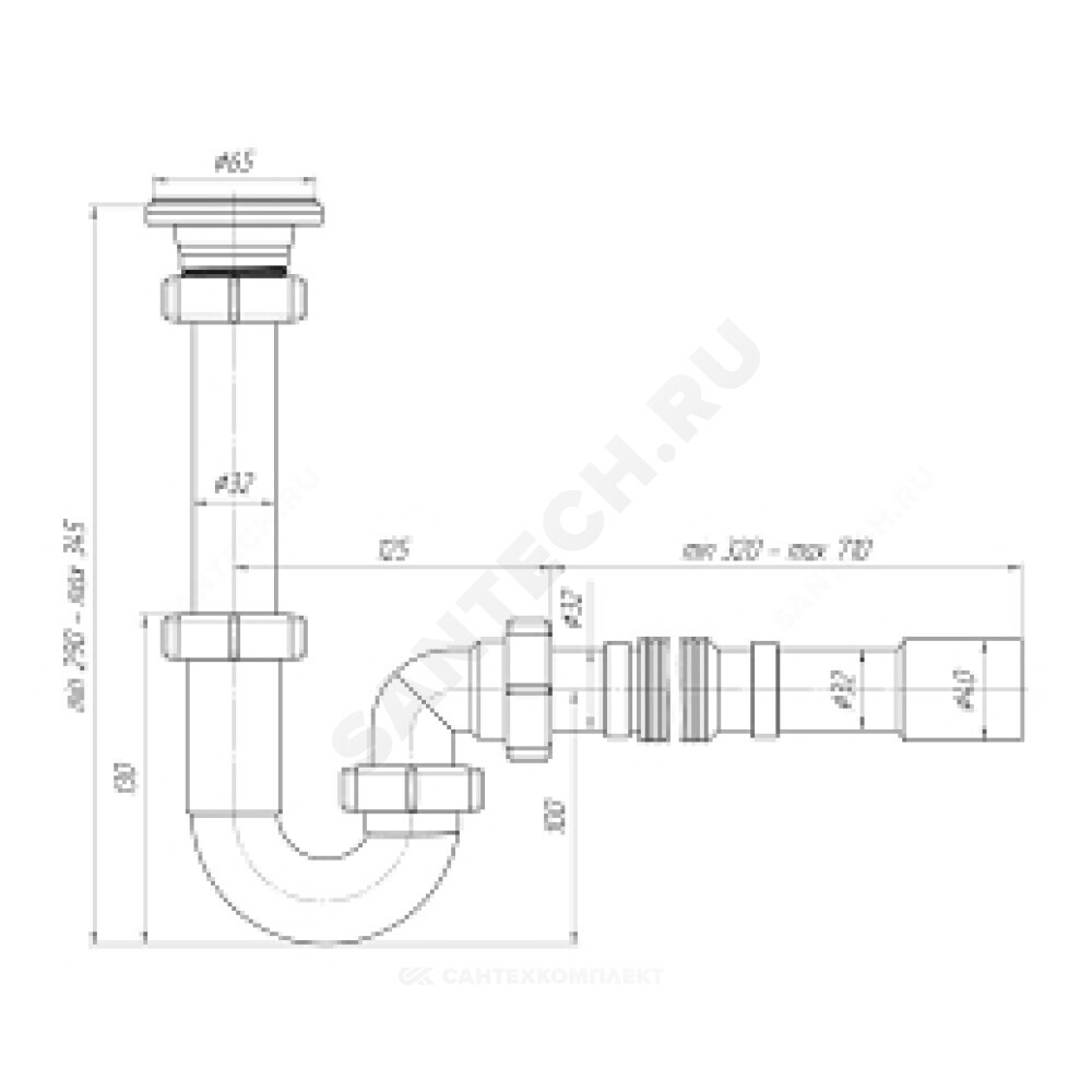 Сифон для умывальника трубный 1 1/4"x32 с гофрой 32х32/40 выпуск с нержавеющей решёткой D=65мм АНИ Пласт DB1015