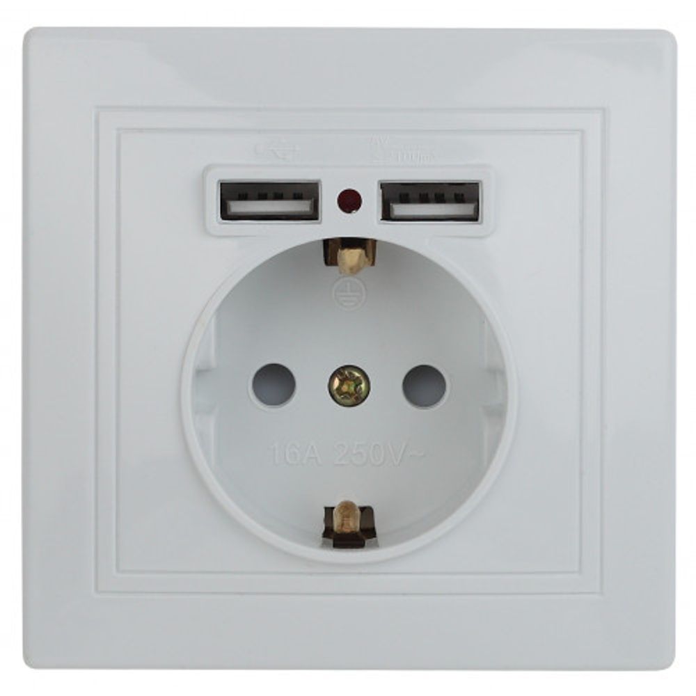 Розетка Intro Plano 1-410-01 с заземлением 2P+E Schuko со шторками 16А-250В + 2хUSB 5В-2 1А IP20 СУ белый | Intro