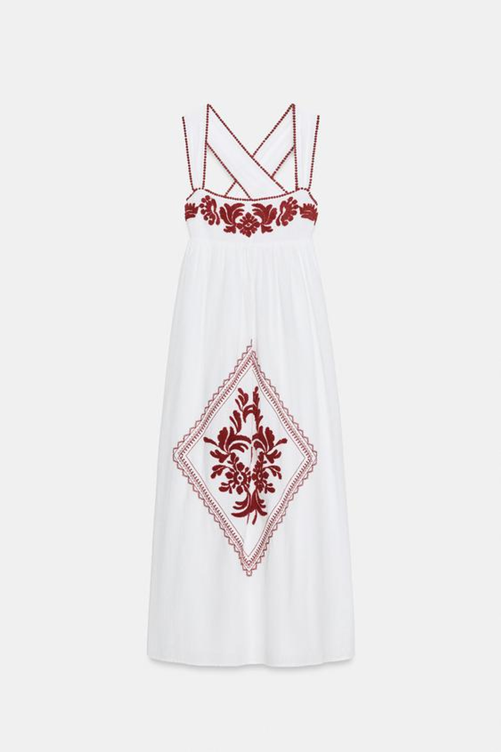 ZARA ПЛАТЬЕ МИДИ С ВЫШИВКОЙ ИЗ РЕЛЬЕФНОЙ ТКАНИ, ЭКРЮ