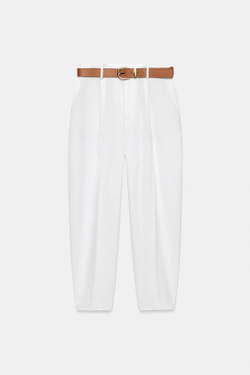 ZARA ЛЬНЯНЫЕ БРЮКИ С РЕМНЕМ, БЕЛЫЙ
