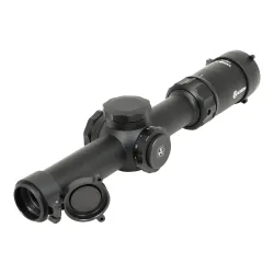 Оптический прицел ARKON Model C 1-10x24 MC9-2DMRAD - вид спереди в три четверти, открыта защитная крышка объектива