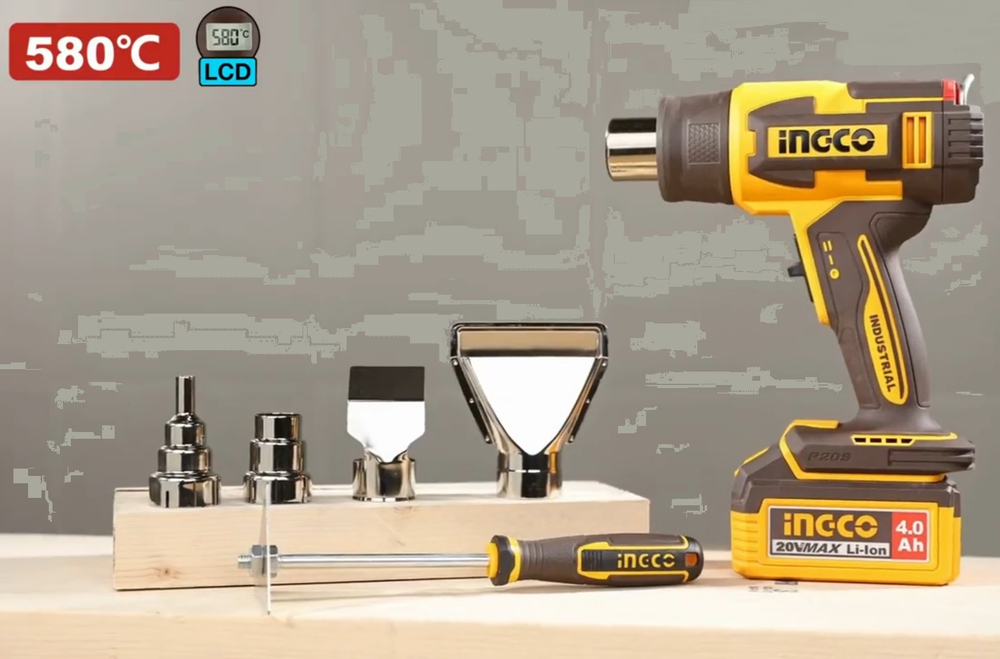 Фен аккумуляторный INGCO HGLI2058 INDUSTRIAL 20В с ЖК-дисплеем 580°C