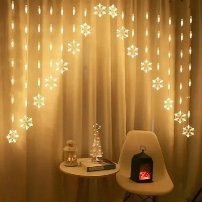 Гирлянда для дома БАХРОМА 2,5м*1/0,1м 136 ламп LED, с насадками Снежинка, 8 реж,IP-20, Теплый белый (возможность соединения)