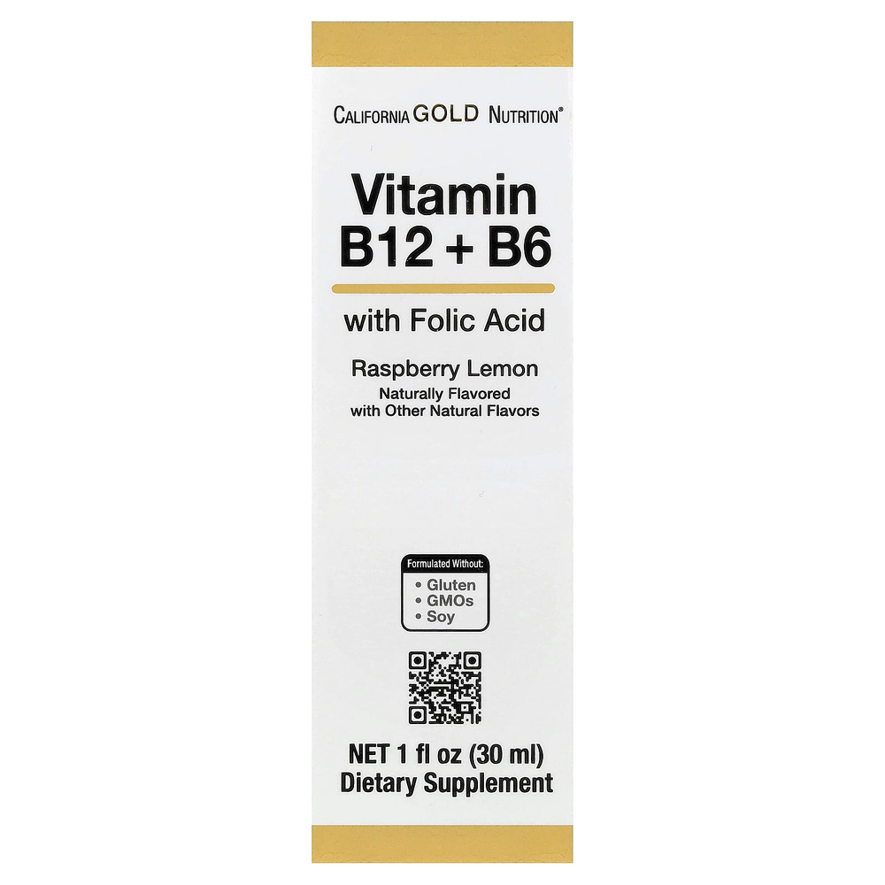 California Gold Nutrition, витамин B12 в виде цианокобаламина с витамином B6 и фолиевой кислотой, малина и лимон, 30 мл (1 жидк. унция)