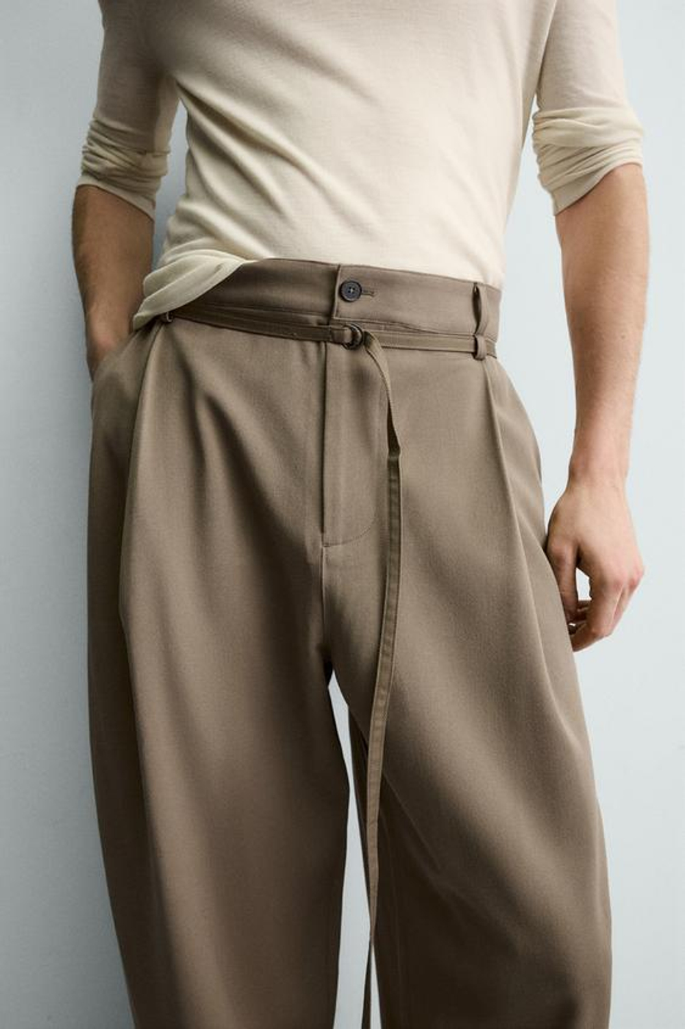 ZARA БРЮКИ BALLOON FIT С ЗАЩИПАМИ И ПОЯСОМ, СЕРО-КОРИЧНЕВЫЙ
