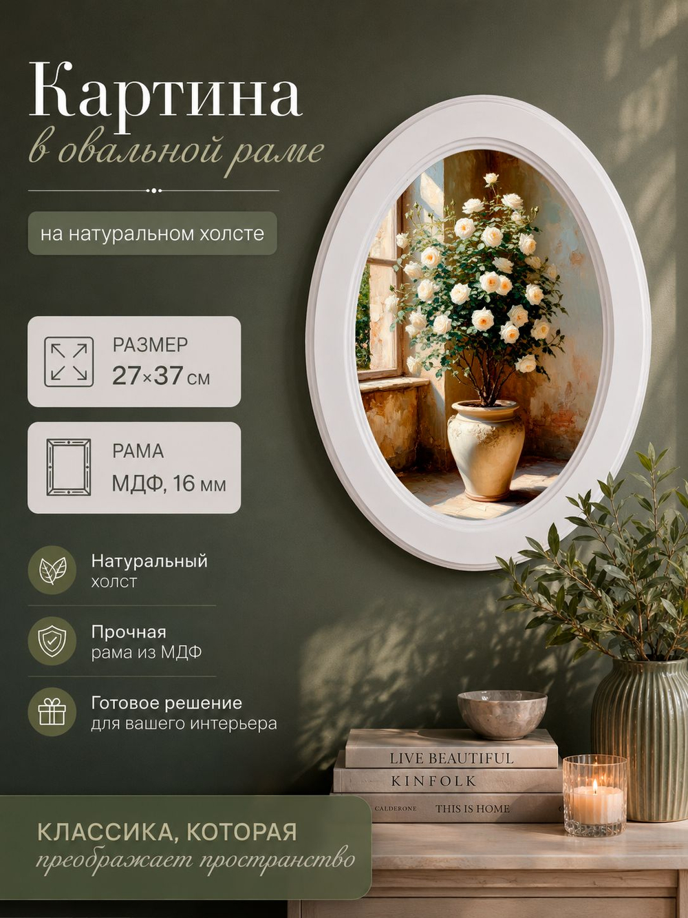 Картина на стену для интерьера на холсте в овальной раме 27*37 см
