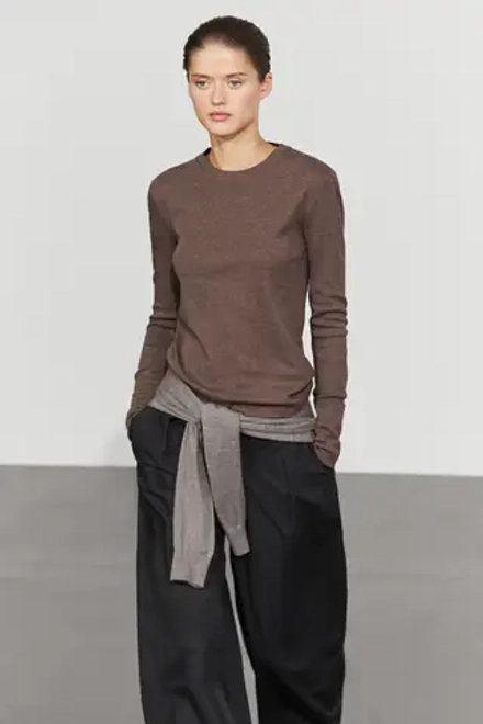 Massimo Dutti ФУТБОЛКА С ДЛИННЫМИ РУКАВАМИ ИЗ 100% ХЛОПКА, КОРИЧНЕВЫЙ