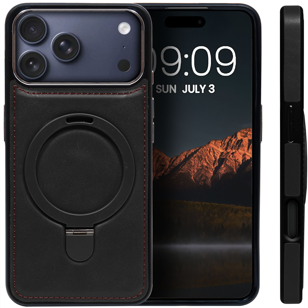 Business style чехол из кожи для IPHONE 17 PRO MAX с кольцом-подставкой и бархатной подкладкой