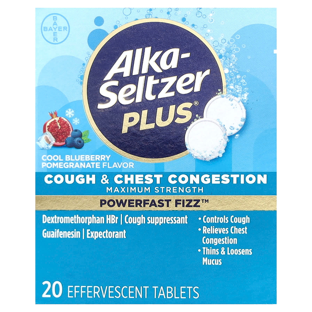 Alka-Seltzer Plus, кашель и скопление мокроты в бронхах, голубика и гранат, 20 шипучих таблеток