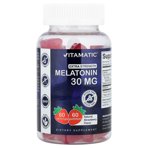 Vitamatic, мелатонин, жевательные таблетки, с натуральным вкусом клубники, 30 мг, 60 жевательных таблеток