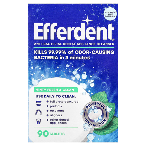 Efferdent, Антибактериальное очищающее средство для зубов, мятный свежий и чистый, 90 таблеток
