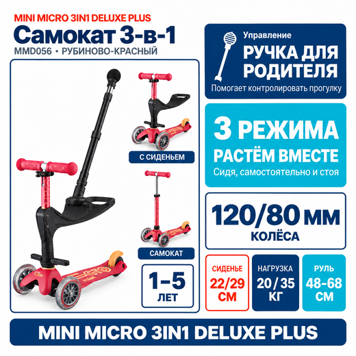 Самокат Mini Micro Deluxe Plus 3 в 1 красный рубин