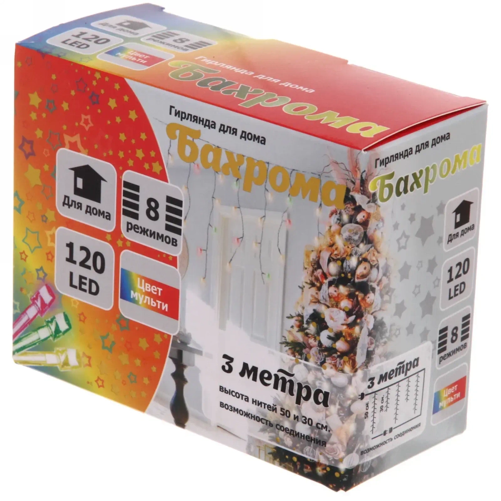 Гирлянда для дома БАХРОМА ш3м* в30/50см 120 ламп LED, прозрачн. провод, 8 реж, IP-20, Мультицвет (возможность соединения)