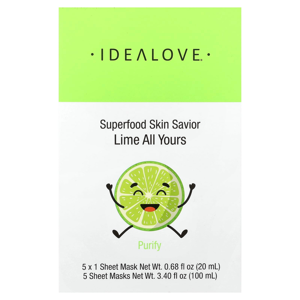 Idealove, Superfood Skin Savior, маска с суперфудами, лайм, 5 шт. по 20 мл (0,68 жидк. унции)