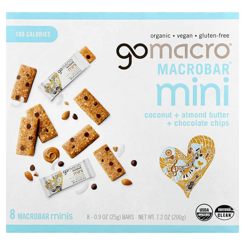 GoMacro, MacroBar® мини, кокос, миндальная паста и шоколадная крошка, 8 батончиков по 25 г (0,9 унции)