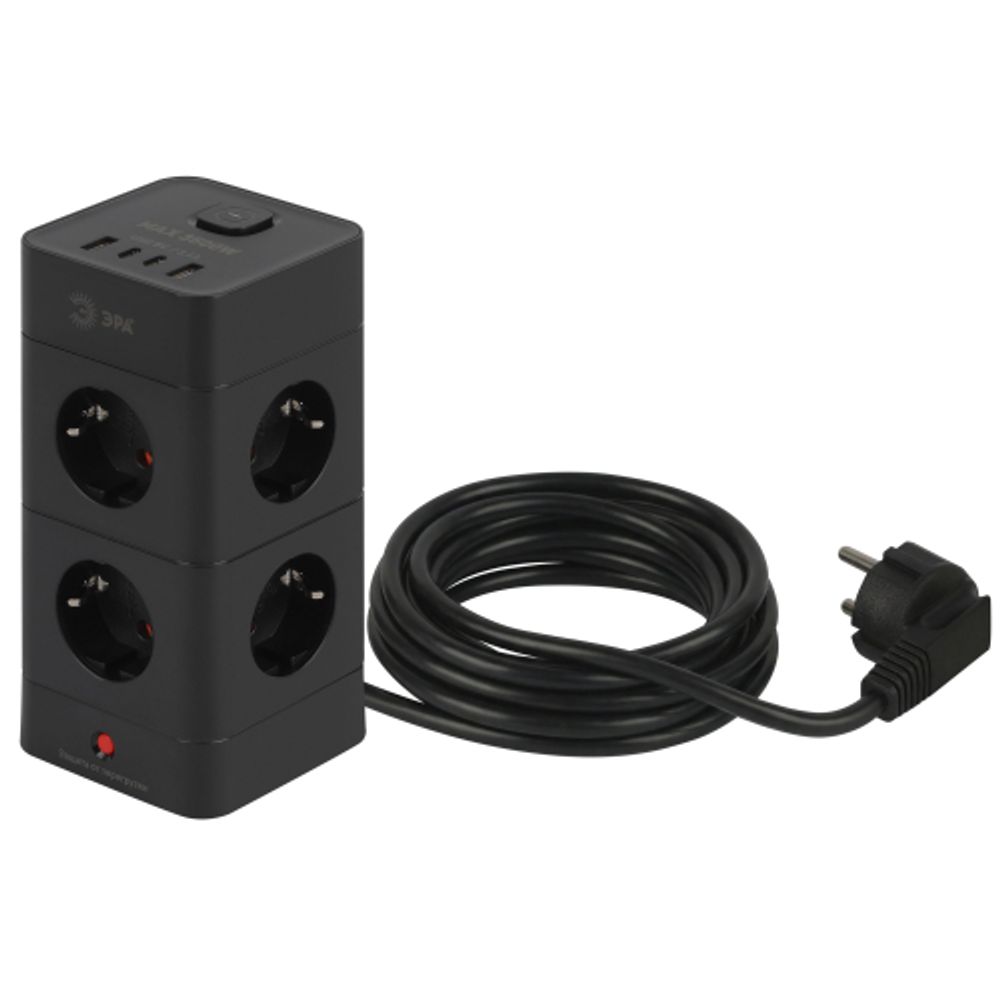 Сетевой фильтр ЭРА TWR-8es-1,5m-4USB-B башня с защитой заземлением с выключателем 8 розеток+4xUSBA+C 1,5м 16А черный | Электротовары