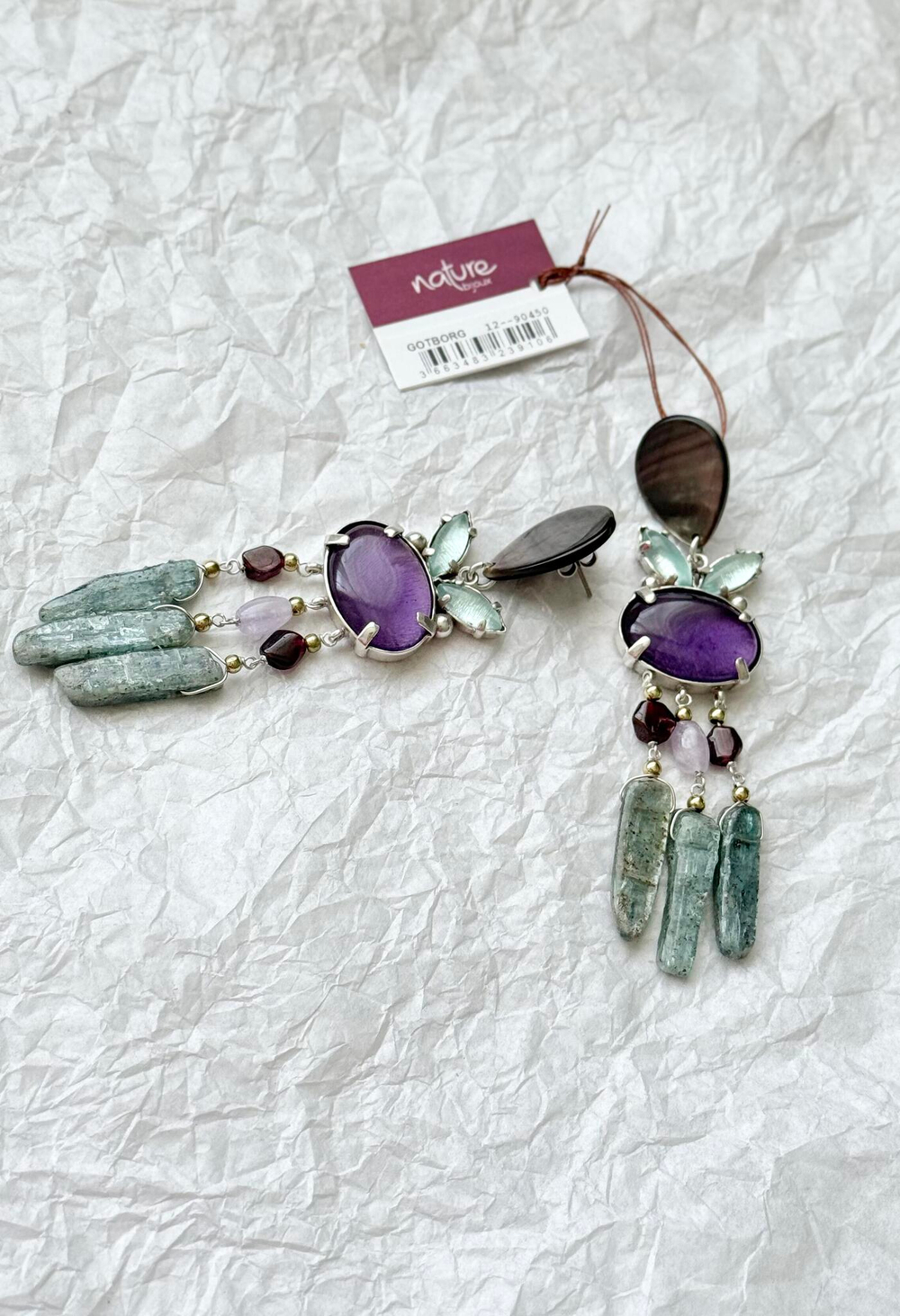 Серьги Nature Bijoux, Gotborg, с ракушкой Capiz в смоле, перламутром, гранатом, кианитом и аметистом