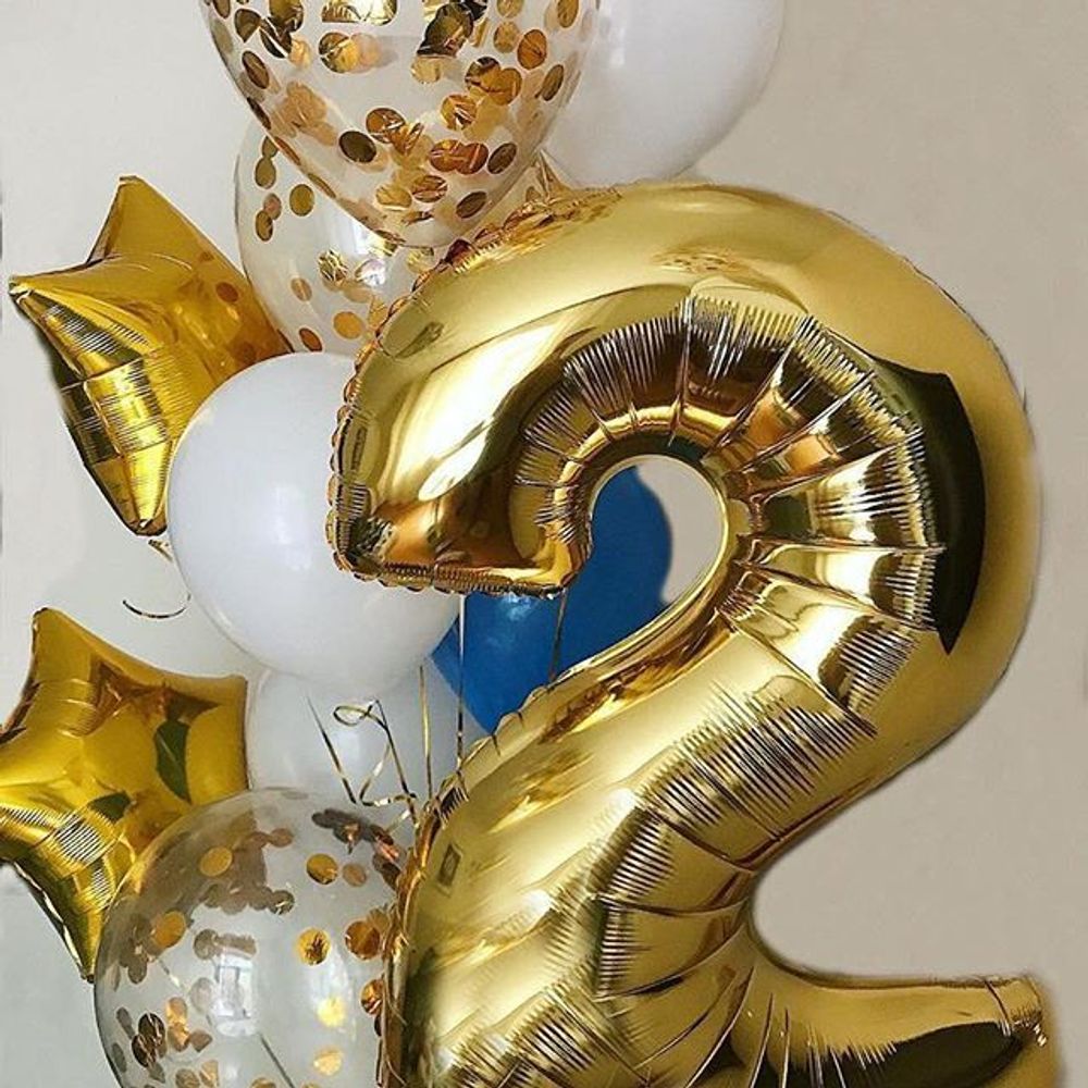 Шар (40"/102 см) Цифра, 2, Золото, в упаковке