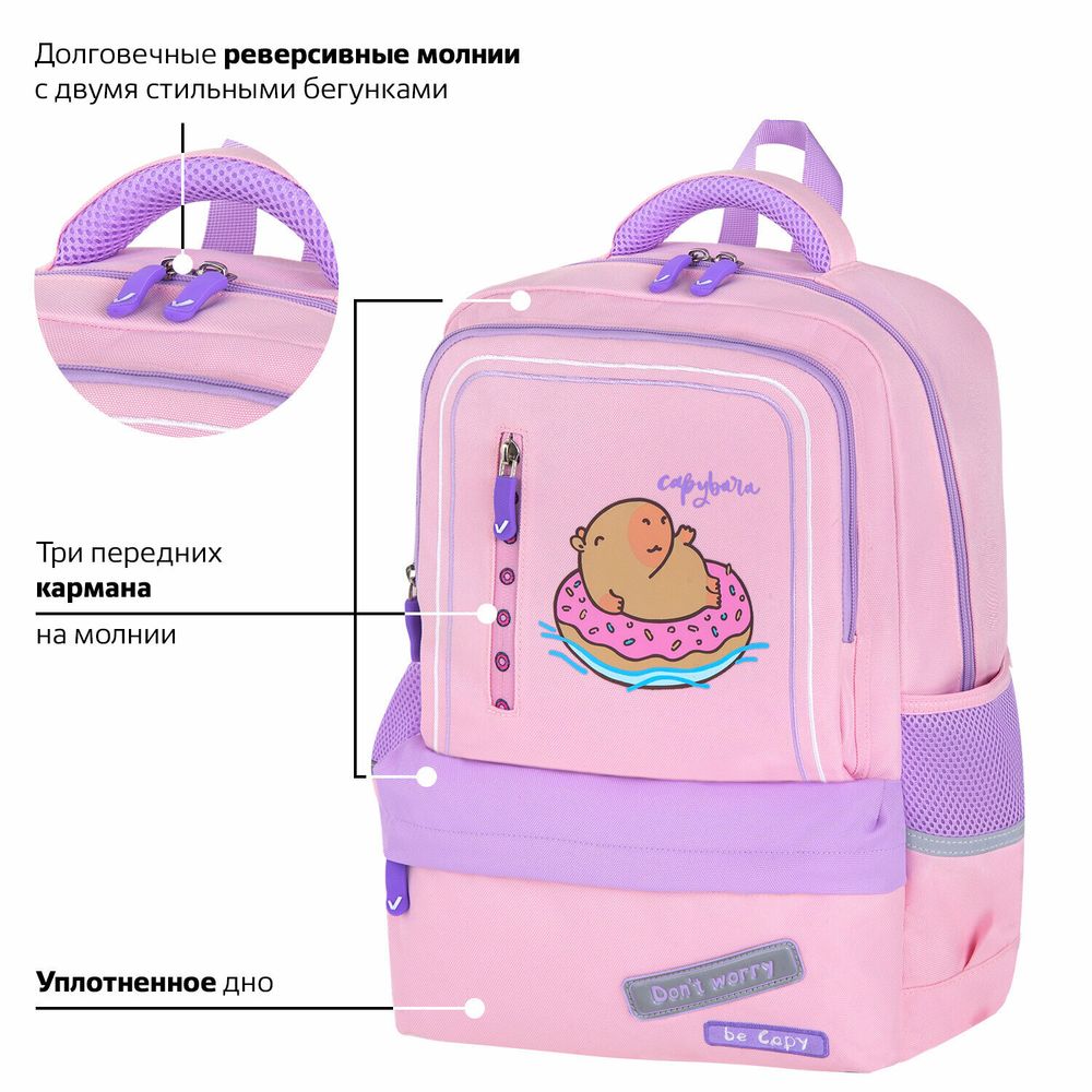 Рюкзак BRAUBERG STAR, 1 отделение, 5 карманов, "Capybara", розовый, 272062