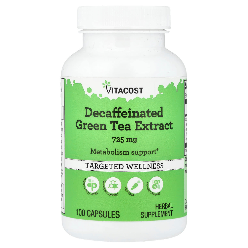 Vitacost, экстракт зеленого чая без кофеина, 725 мг, 100 капсул