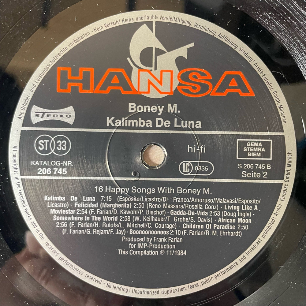 Винтажная виниловая пластинка LP Boney M Бони М, Kalimba De Luna, 16 Happy Songs With Boney M (Германия 1984)