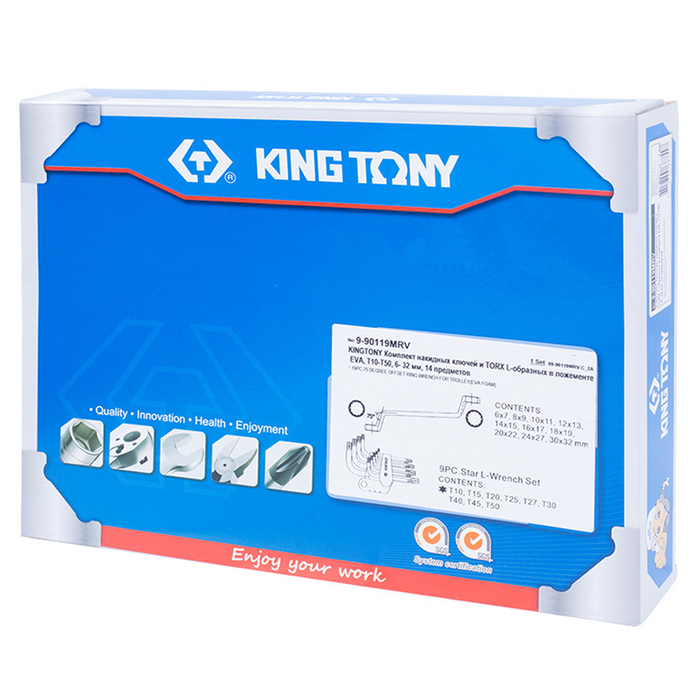 KING TONY (9-90119MRV) Набор накидных ключей и TORX Г-образных, ложемент, 19 предметов