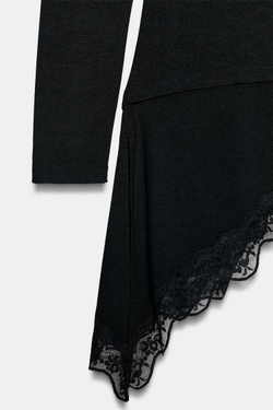 ZARA ФУТБОЛКА С АСИММЕТРИЧНЫМ НИЗОМ И КРУЖЕВОМ, ЧЕРНЫЙ