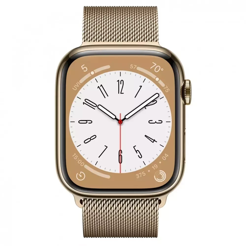 Apple Watch Series 8, 45мм, из стали золотого цвета, миланский сетчатый браслет