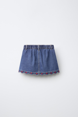 ZARA ДЖИНСОВАЯ ЮБКА С ВЫШИВКОЙ «СЕРДЦА», СИНИЙ