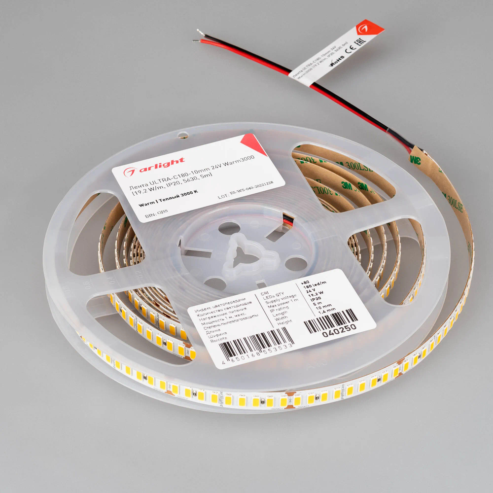 Светодиодная лента ULTRA-C180-10mm 24V Warm3000 (19.2 W/m, IP20, 5630, 5m) (Arlight, высок.эфф.200 лм/Вт) 040250