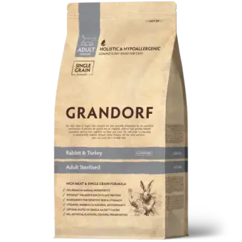 Сухой низкозерновой корм GRANDORF CAT Rabbit&Turkey STERILISED корм для стерилизованных кошек и котов, Кролик и индейка 8кг