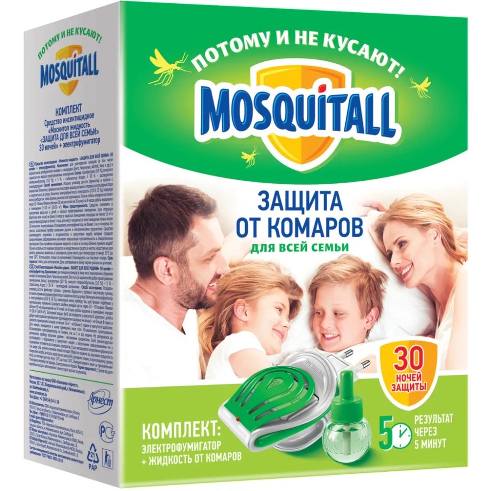 MOSQUITALL электрофумигатор + жидкость от комаров "Защита для всей семьи" 30 ночей 30мл, блок 6шт.