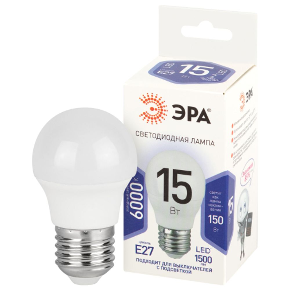 Лампа светодиодная ЭРА STD LED P45-15W-860-E27 15Вт шар холодный дневной свет Е27 | Лампы cветодиодные Шар (G/P)