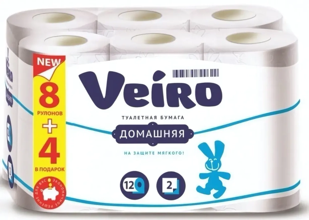 Бумага туалетная LINIA VEIRO Домашняя 2 сл., 8 рул. + 4 рул. 15м, белая✦