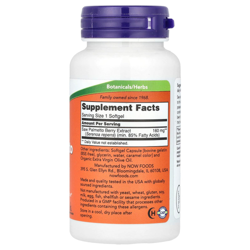 NOW Foods, Экстракт пальмы сереноа, 160 мг, 120 желатиновых капсул