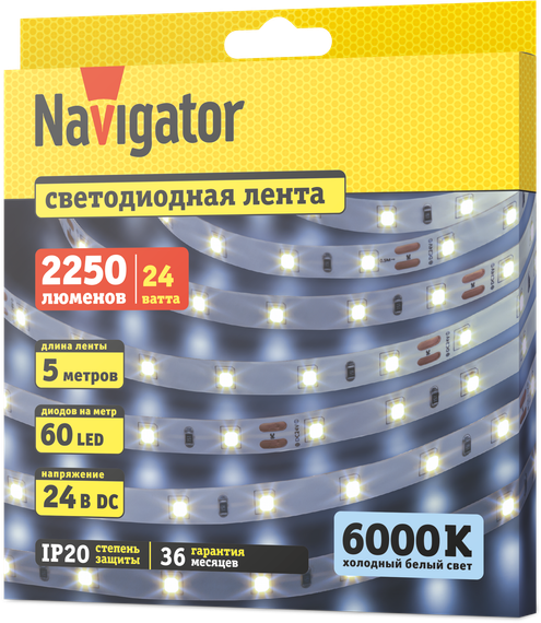 Лента светодиодная Navigator 24V 4,8Вт 6000К IP20 бухта 5м белая 40629
