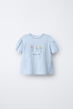 ZARA ФУТБОЛКА С ЦВЕТОЧНОЙ ВЫШИВКОЙ, СИНЕВАТЫЙ