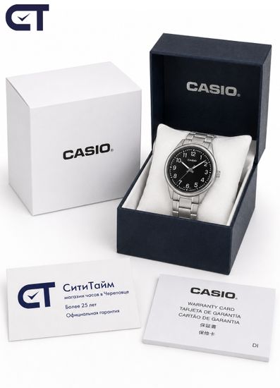 Casio MTP-V005D-1B4 General часы наручные мужские — чёрный циферблат с белыми цифрами и стальной браслет