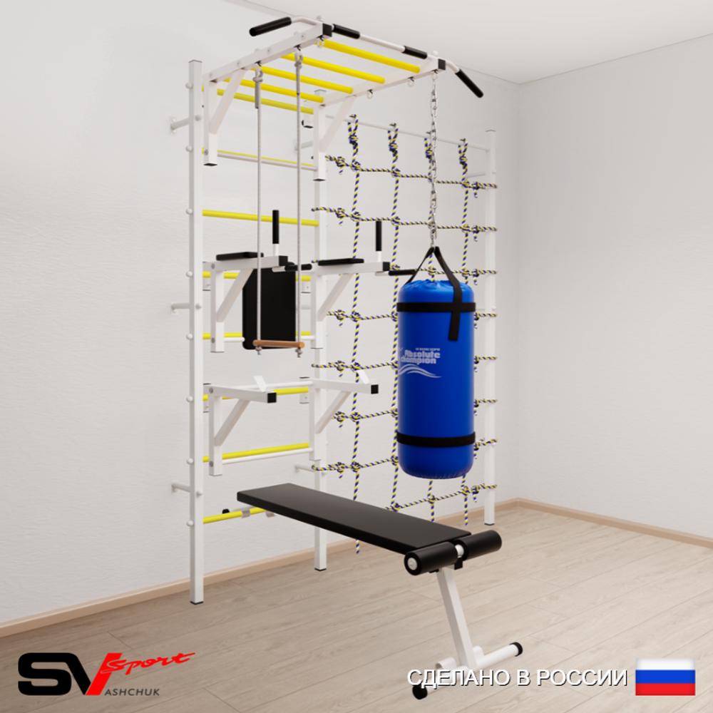 Шведская стенка Sv Sport усиленная 66310 (Турник рукоход/Брусья/Стойка/Скамья/Трапеция/Цепь/Мешок 15кг/Канатный лаз)