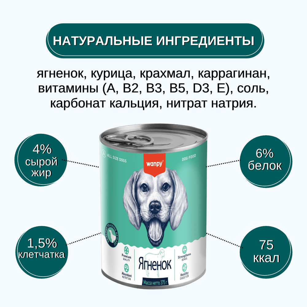 Wanpy Dog Консервы для собак из ягненка 24шт по 375 г