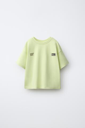 ZARA ФУТБОЛКА ИНТЕРЛОК С ПРИНТОМ, НЕОНОВЫЙ ЖЕЛТЫЙ