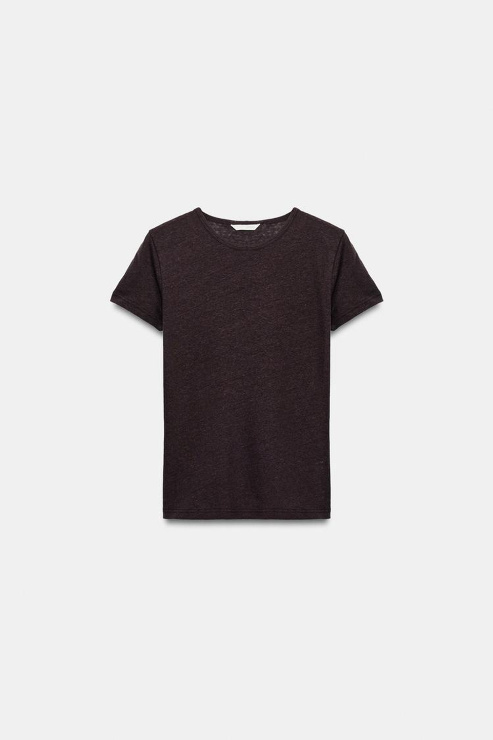 ZARA ФУТБОЛКА ИЗ ХЛОПКА И ЛЬНА С КОРОТКИМИ РУКАВАМИ, ШОКОЛАДНЫЙ