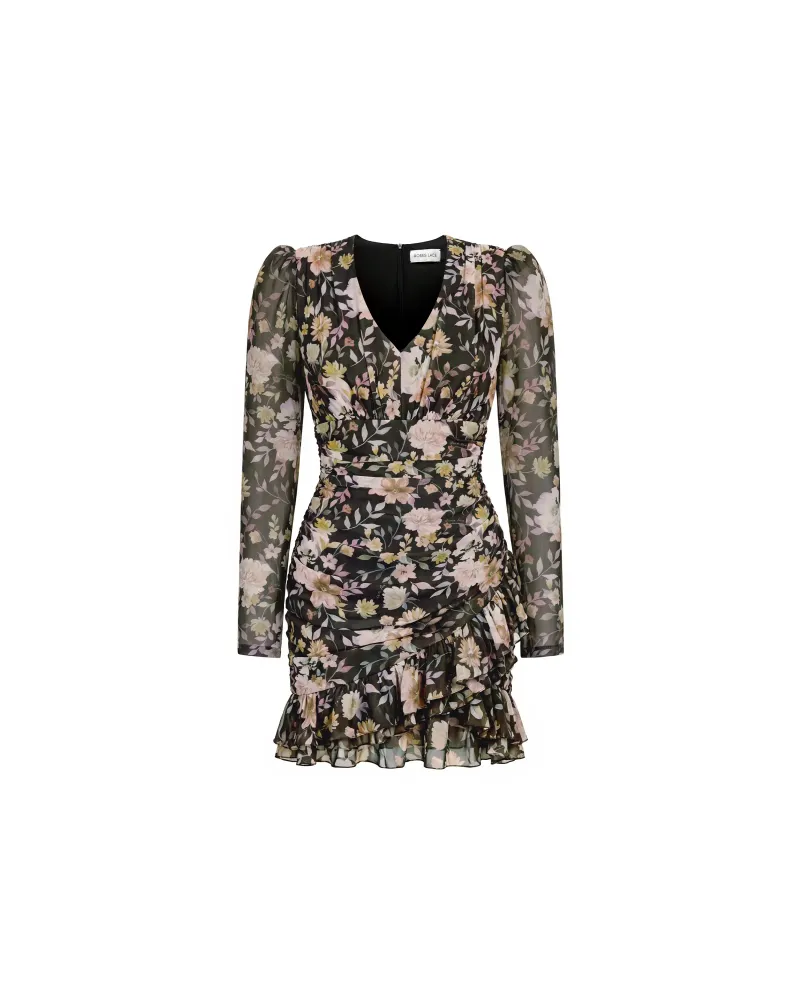 Жозефин (Josephine sleeves), платье мини из черного шифона с цветами мультицвет