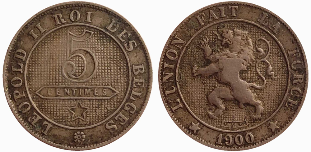 Бельгия 5 сантимов, 1900 DES BELGES VF