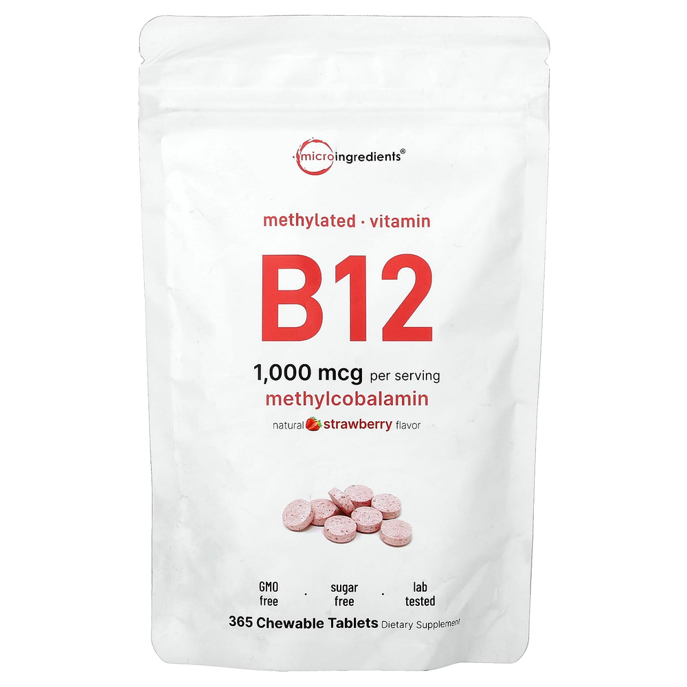 Micro Ingredients, витамин B12, натуральный клубничный вкус, 1000 мкг, 365 жевательных таблеток